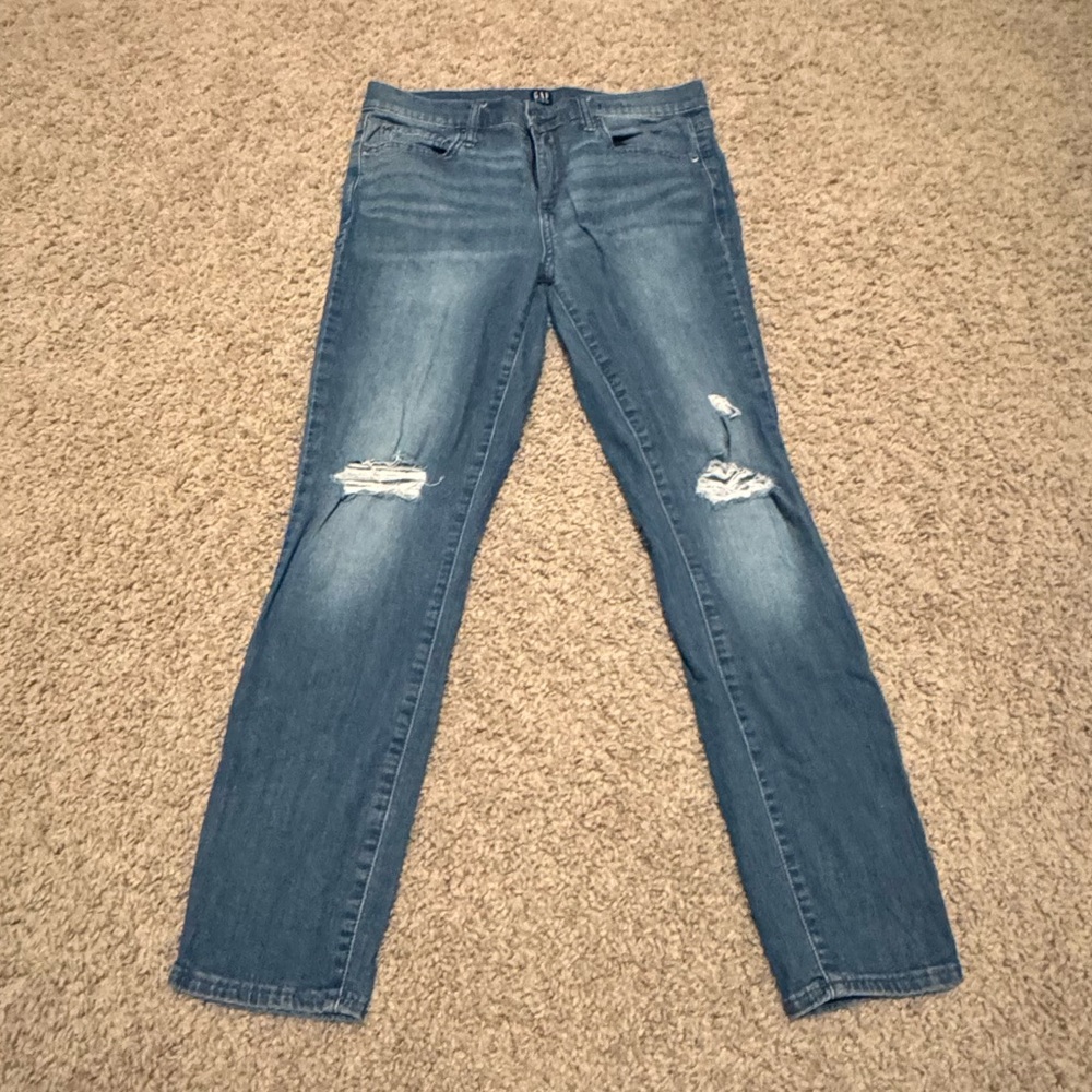 Gap light blue true skinny distressed jeans.
